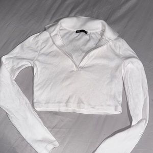 Zara Women's White V Neck Long Sleeve Crop-top - Size M
